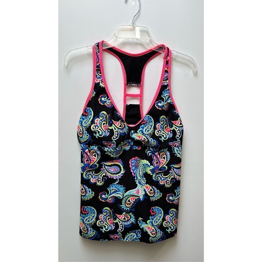 Swimsuit women’s black neon color paisley padded racerback top size XL #33-1260
